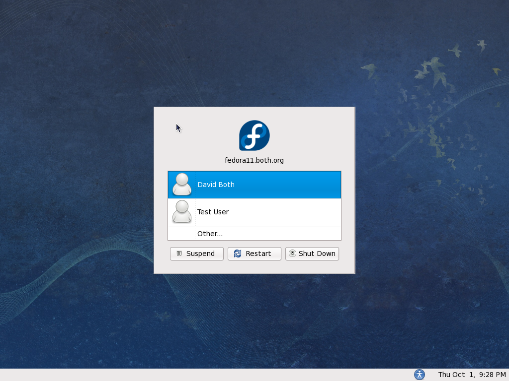 Figure 2: The Fedora 11 Login screen shows the available user IDs. This login screen is a bit different from the one in Figure 1, but it performs precisely the same function.