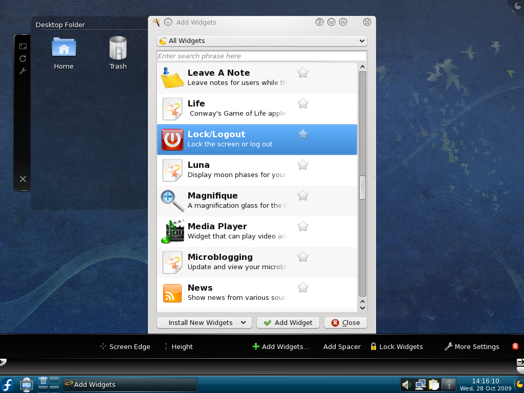Figure 3: Use the KDE Panel Configuration menu to add widgets, in this case the Lock/Logout wodget.