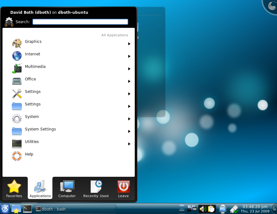 Use the KDE Menu on the left end of the KDE Panel to launch programs.