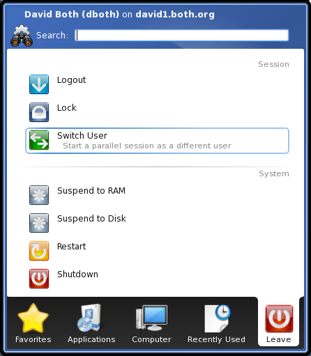 Figure 15: The bottom of the KDE Menu provides options to lock the session, logout and switch to another user.