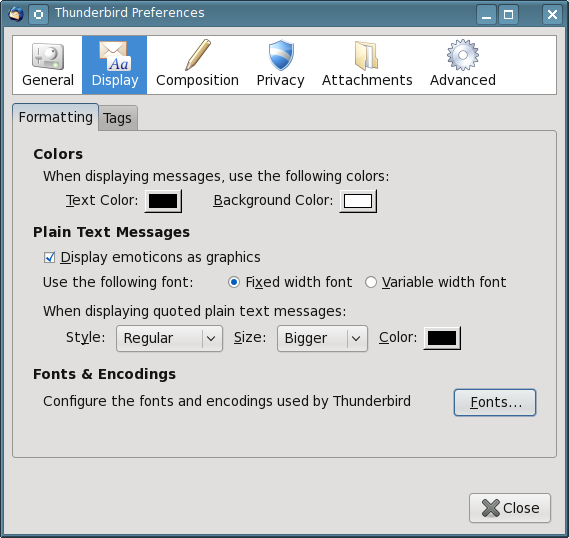 Figure 1: The Thunderbird Edit Preferences menu Display tab allows you to set color and font preferences.