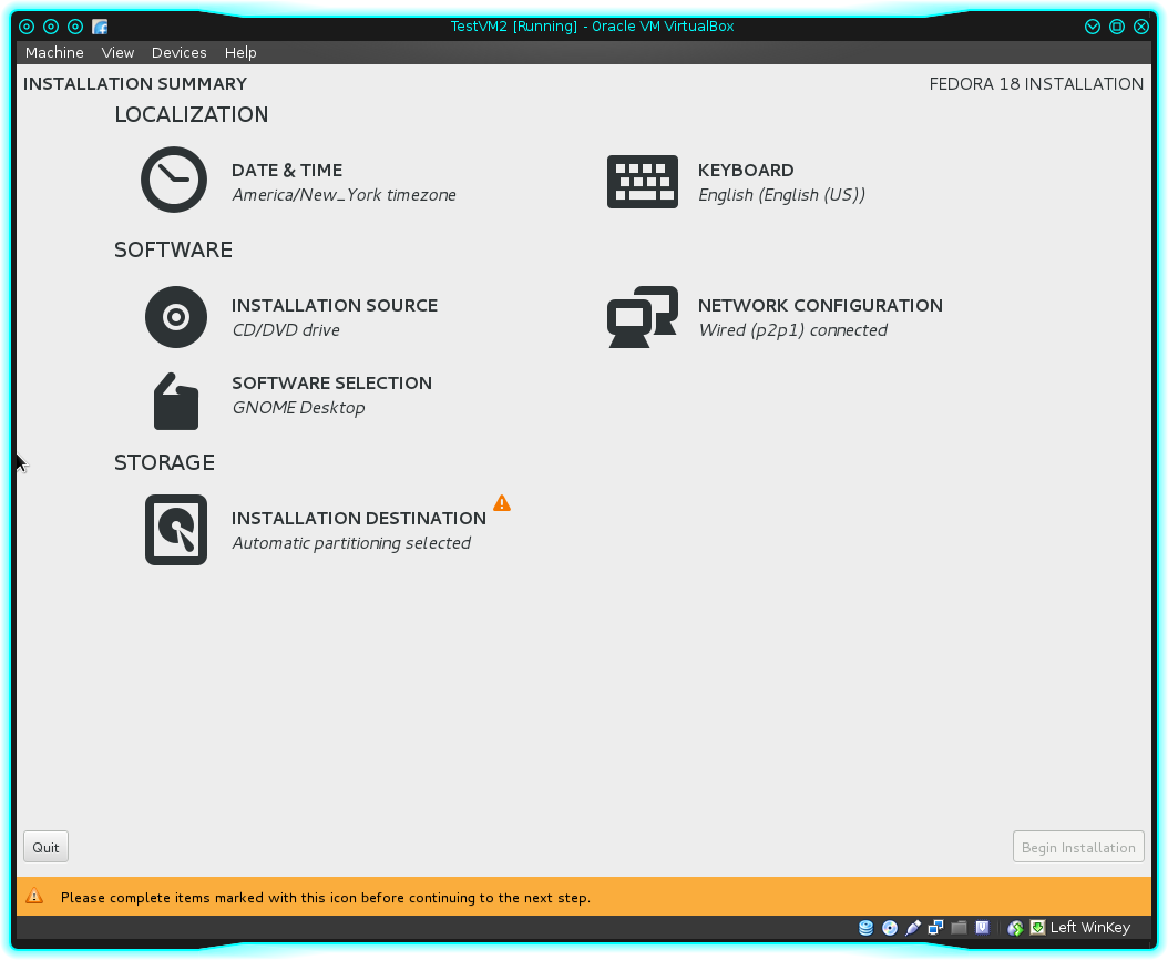 The Fedora 18 Anaconda installer main menu.