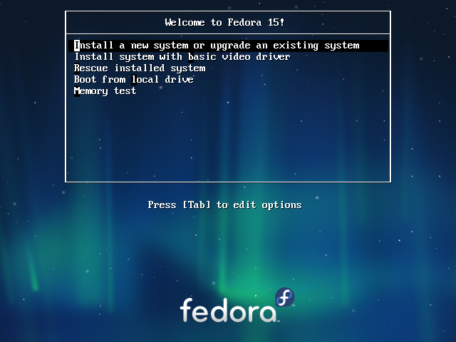Illustration 1: The Fedora 15 Installation DVD Welcome menu.