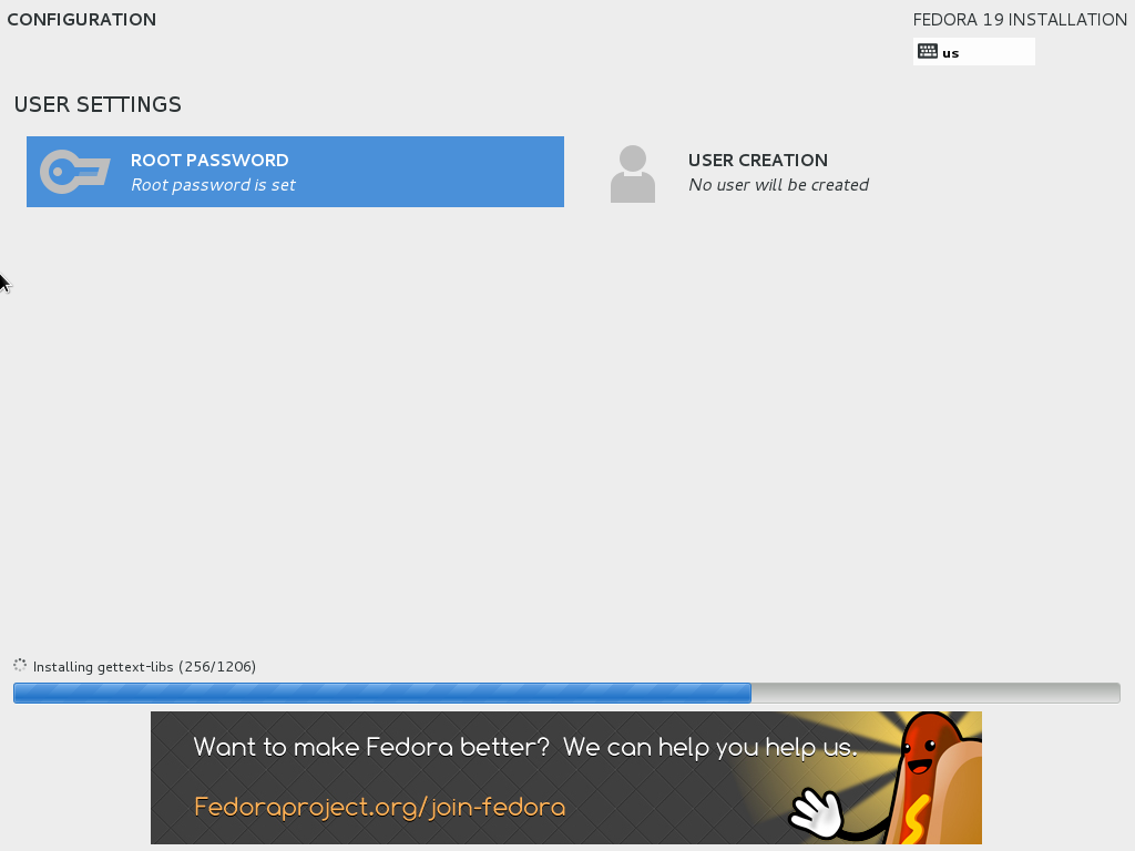 Fedora 19 Installation progress. You must set the root password here. You can also add a non-privileged user.